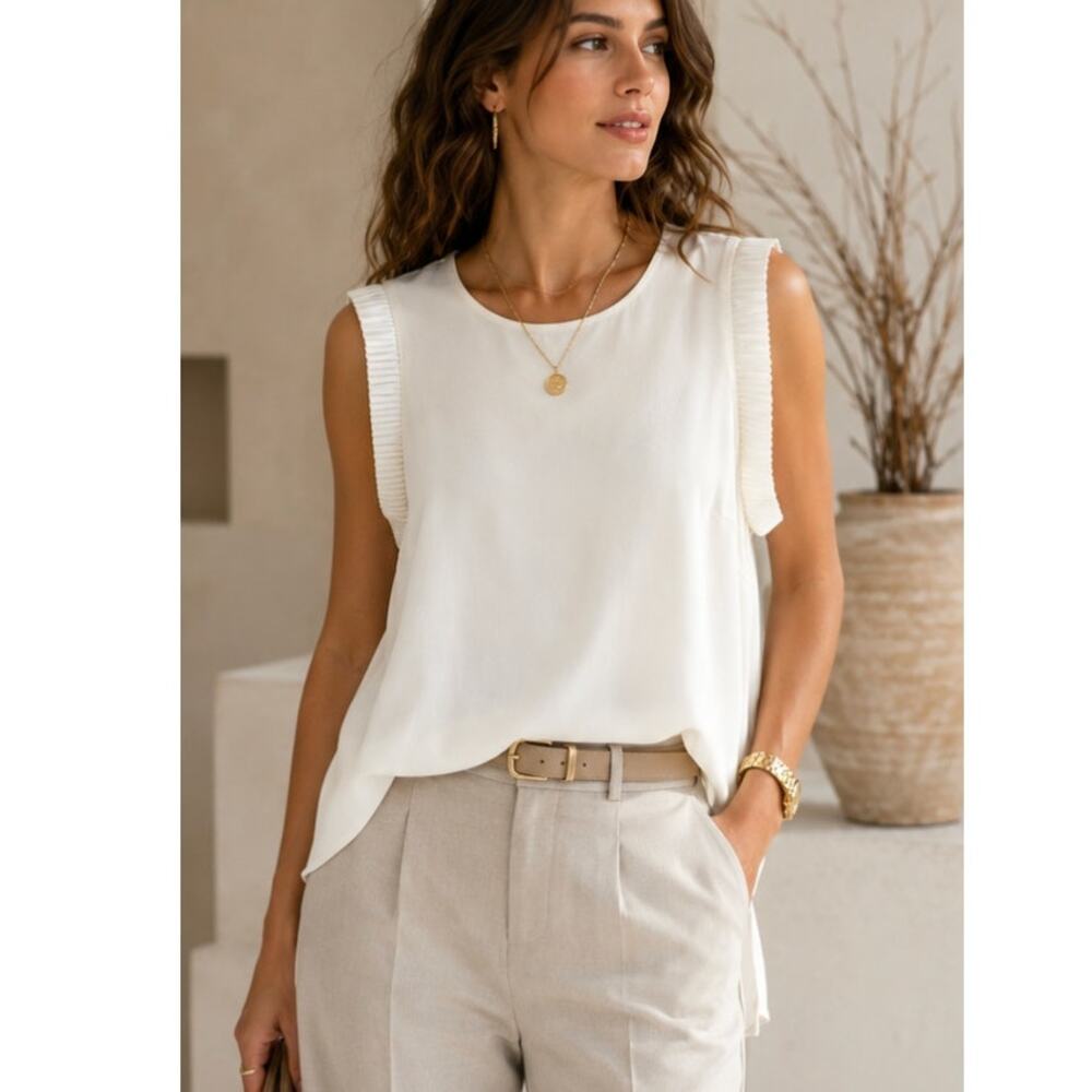 Hugo Boss Ivory Pleated Ruffle Sleeveless Blouse Quiet Luxury Minimalist Office